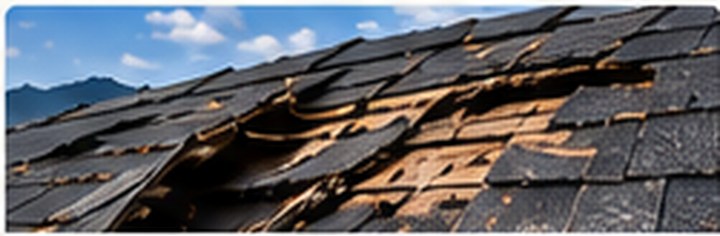 Illustrative damaged roof shingles after severe weather
